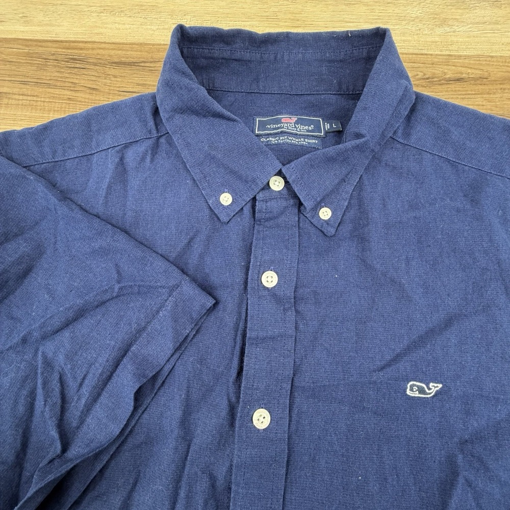 Vineyard Vines Shirt Mens Large Linen Blend Button Down Navy Classic Fit Whale